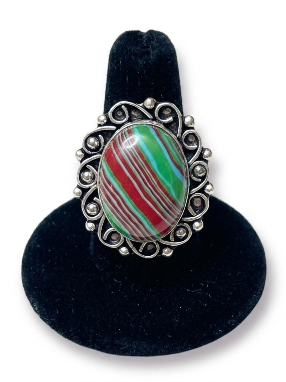 New Artisan Rare Mosaic Jasper 925 Sterling Silver OOAK Handmade Floral Ring 7